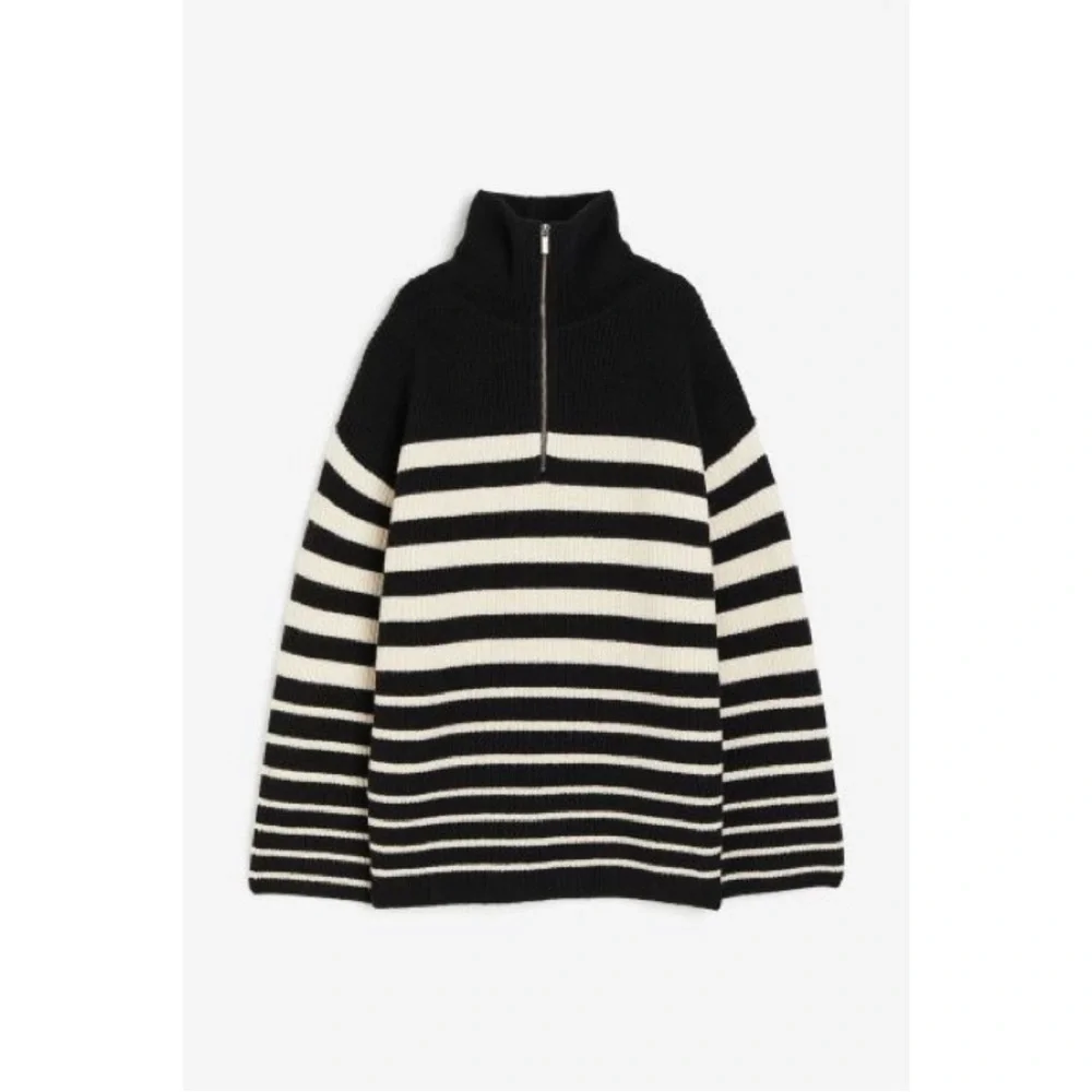 Black/Cream Striped Rib Knit Half Zip Sweater - Picture 4 of 9